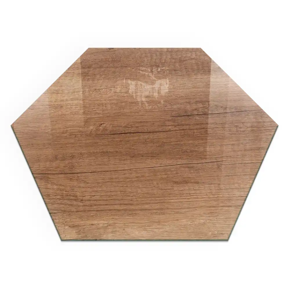 Plaque de sol pour cheminée en verre trempé forme hexagonale motif bois naturel