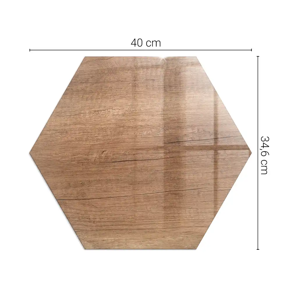 Plaque de sol pour cheminée en verre trempé forme hexagonale motif bois naturel