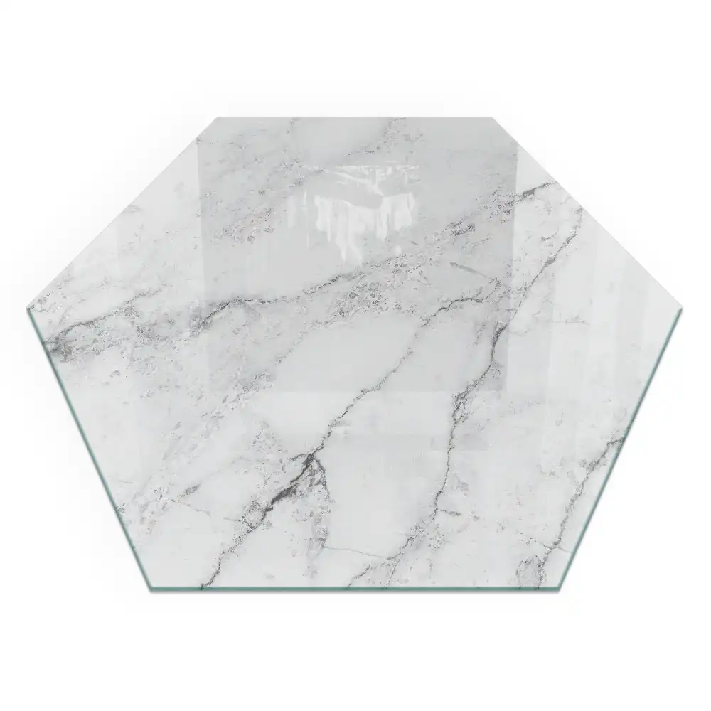 Plaque de sol hexagonale en verre trempé motif marbré pour poêle