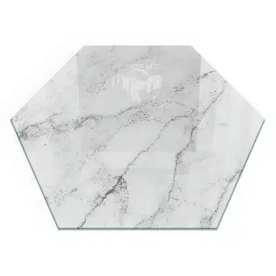 Plaque de sol hexagonale en verre trempé motif marbré pour poêle