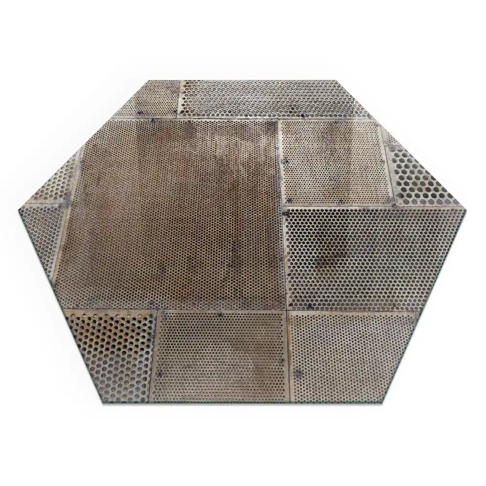 Plaque de sol hexagonale en verre pour poêle à bois avec motif de feuilles perforées