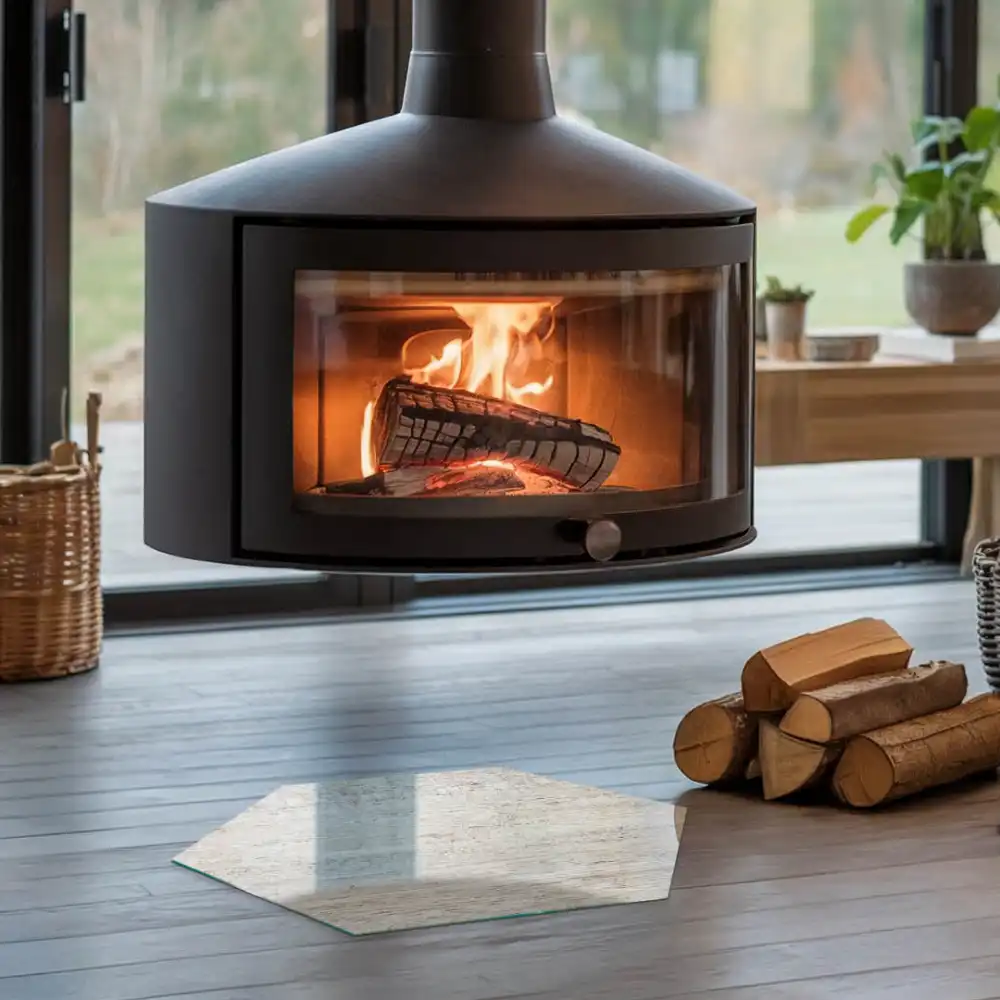 Socle hexagonal pour cheminée en bois clair