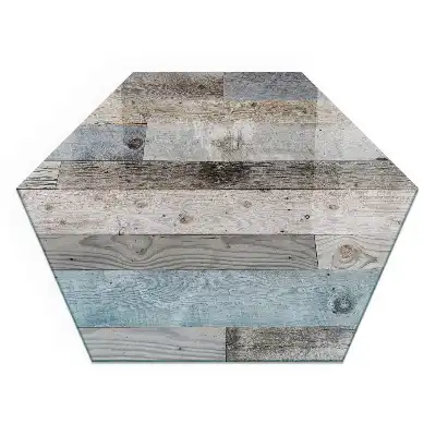 Socle hexagonal pour cheminée en planches de différentes teintes