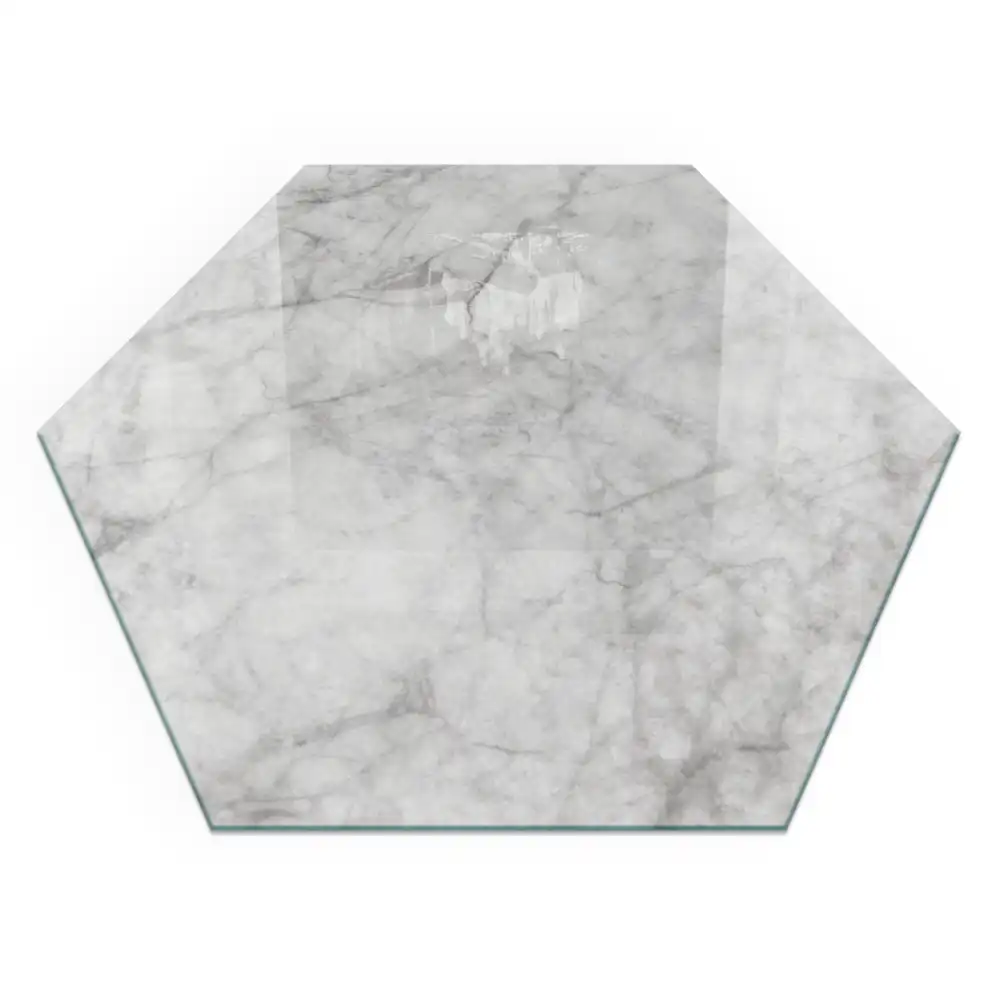 Plaque de sol hexagonale en verre trempé motif marbre pour poêle