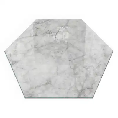 Plaque de sol hexagonale en verre trempé motif marbre pour poêle