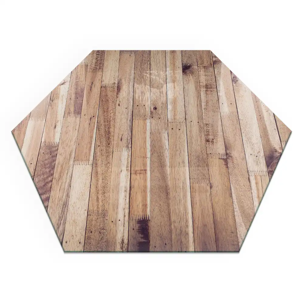 Plaque de sol hexagonale en verre trempé aspect bois pour poêle