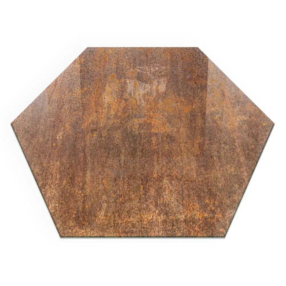 Plaque de protection pour cheminée en verre hexagonal motif rouille