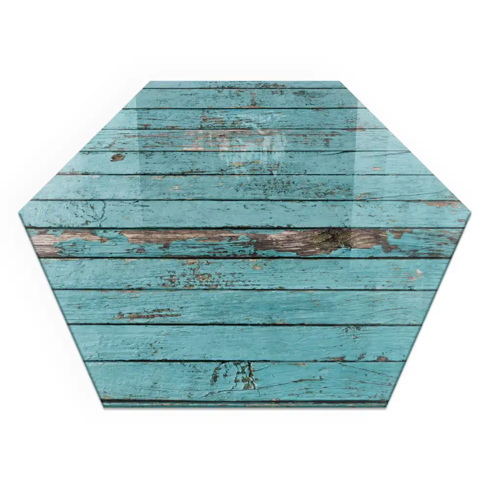 Plaque de sol pour cheminée en verre trempé forme hexagonale effet bois rustique