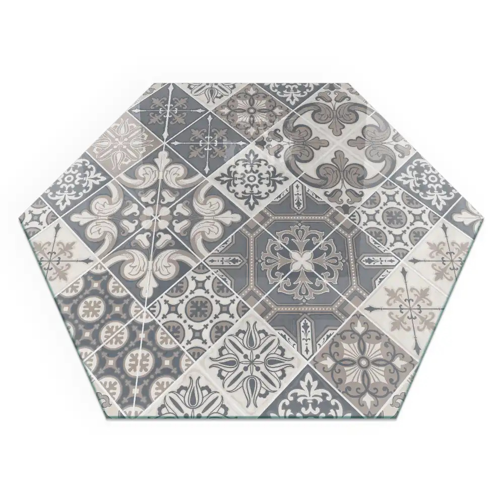 Plaque de sol hexagonale en verre trempé avec motif mosaïque pour poêle