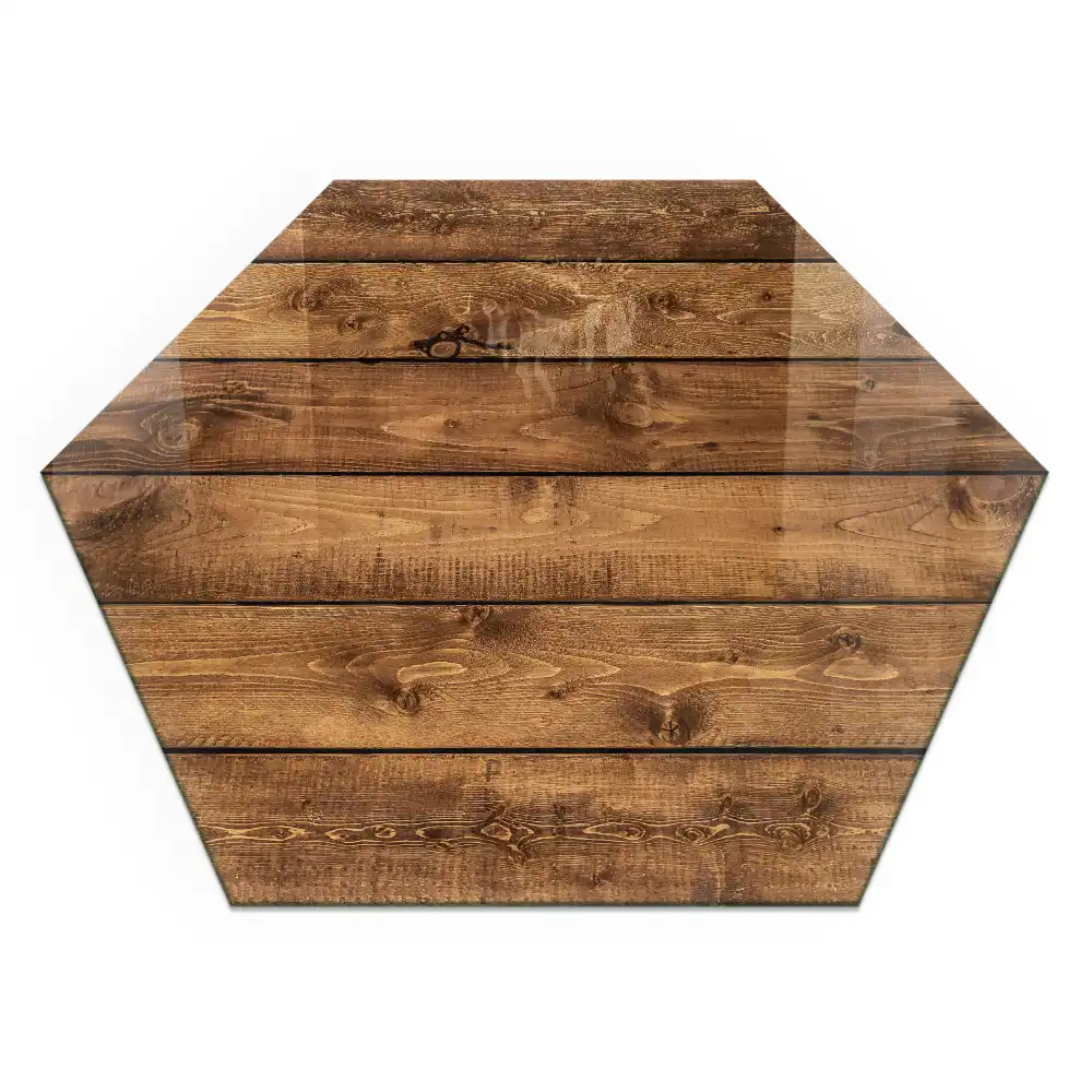Plaque de protection hexagonale en verre pour cheminée motif grain de bois