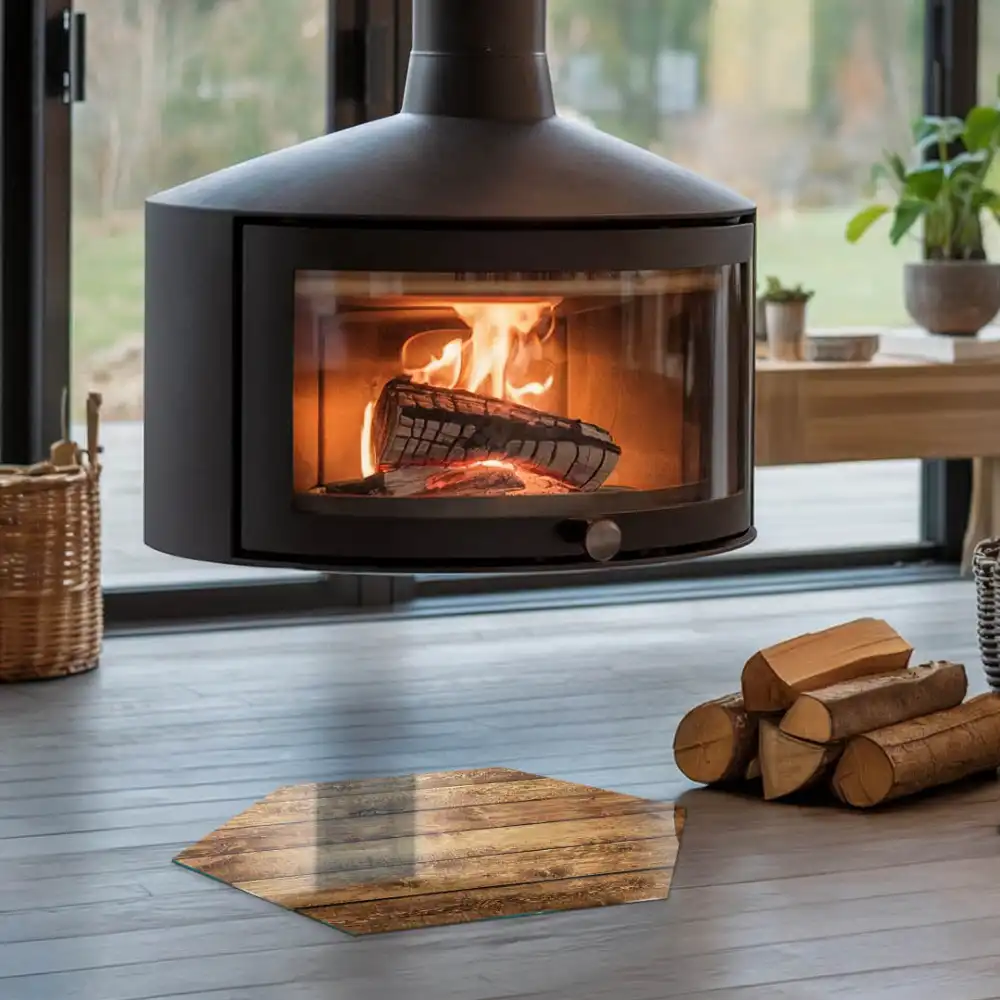 Plaque de protection hexagonale en verre pour cheminée motif grain de bois