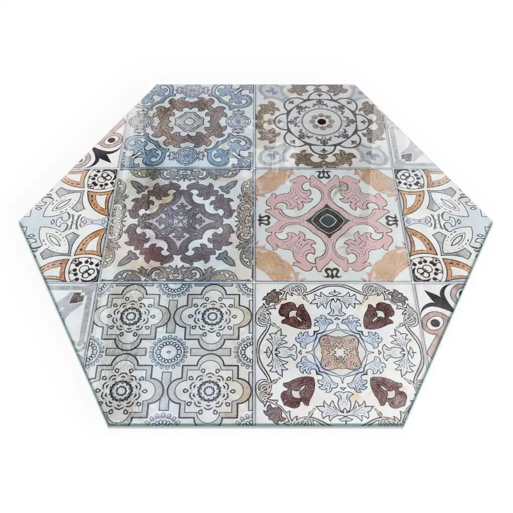 Plaque de sol pour cheminée en verre trempé forme hexagonale avec motifs de mosaïque