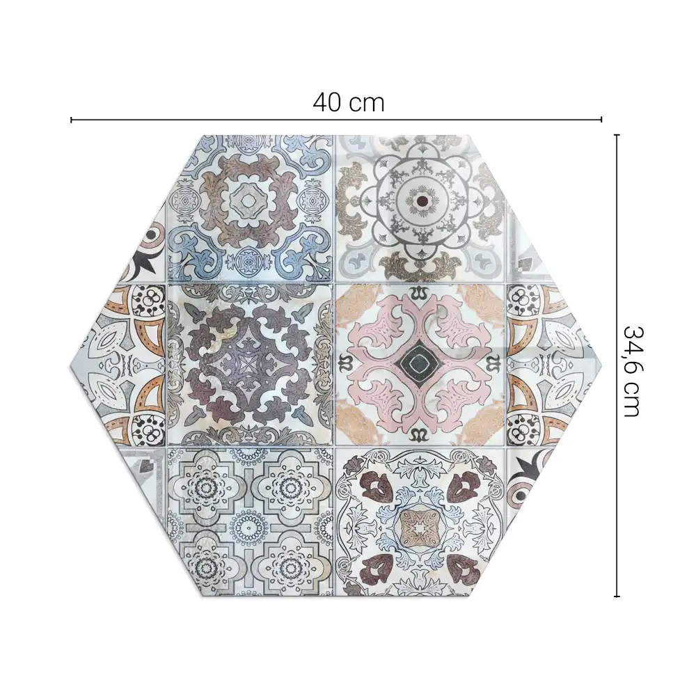 Plaque de sol pour cheminée en verre trempé forme hexagonale avec motifs de mosaïque