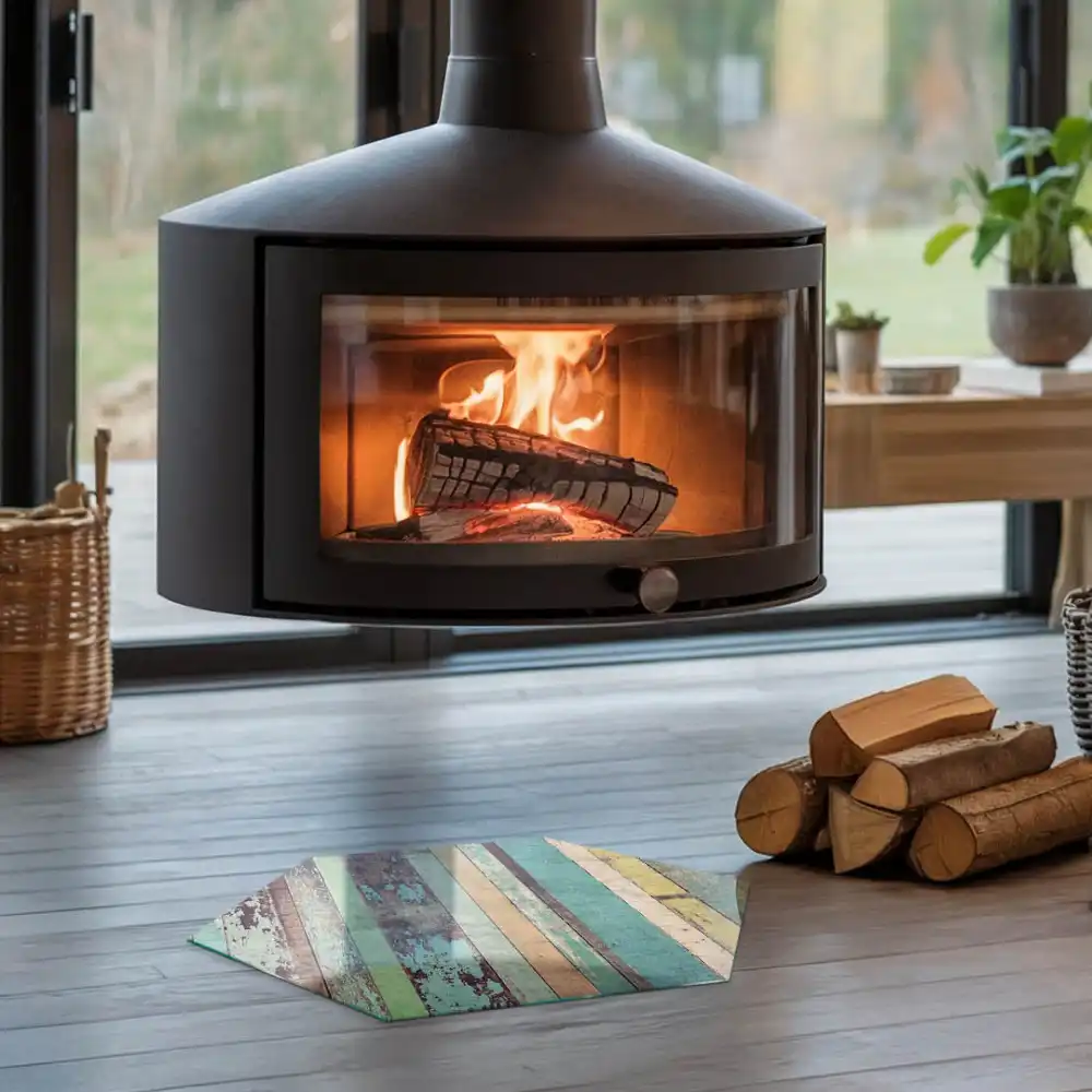 Plaque de sol pour cheminée hexagonale en lames de bois multicolores