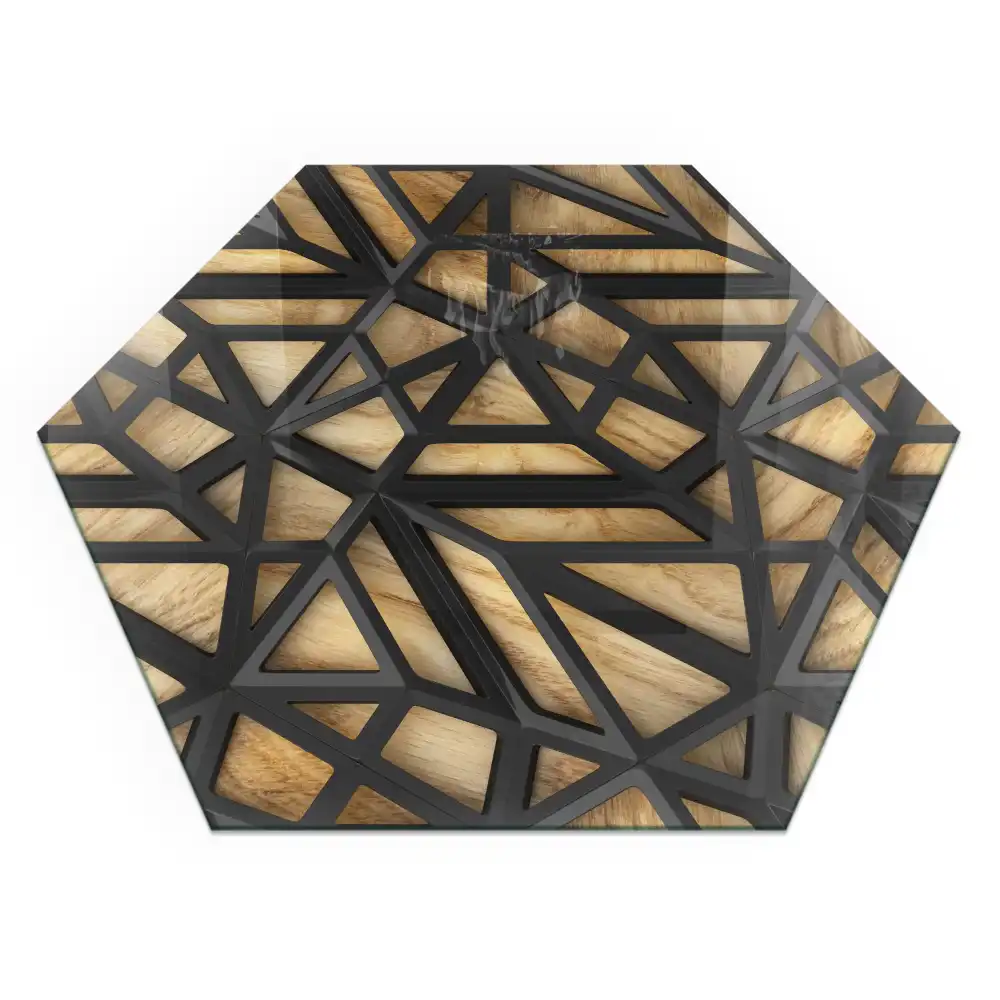 Plaque de sol hexagonale en verre trempé avec motif géométrique bois