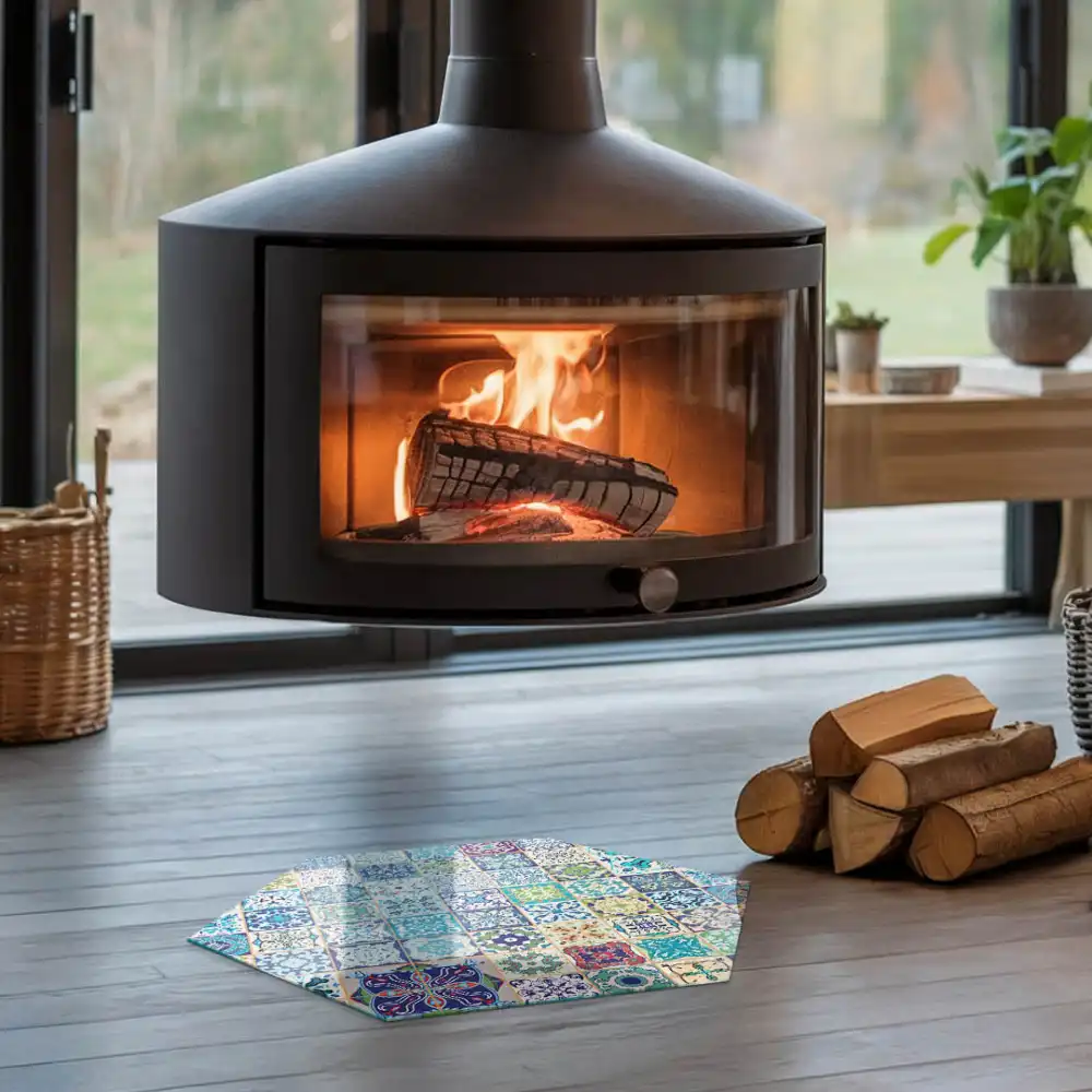 Plaque de protection pour cheminée en verre hexagonal avec motifs mosaïque sur carreaux