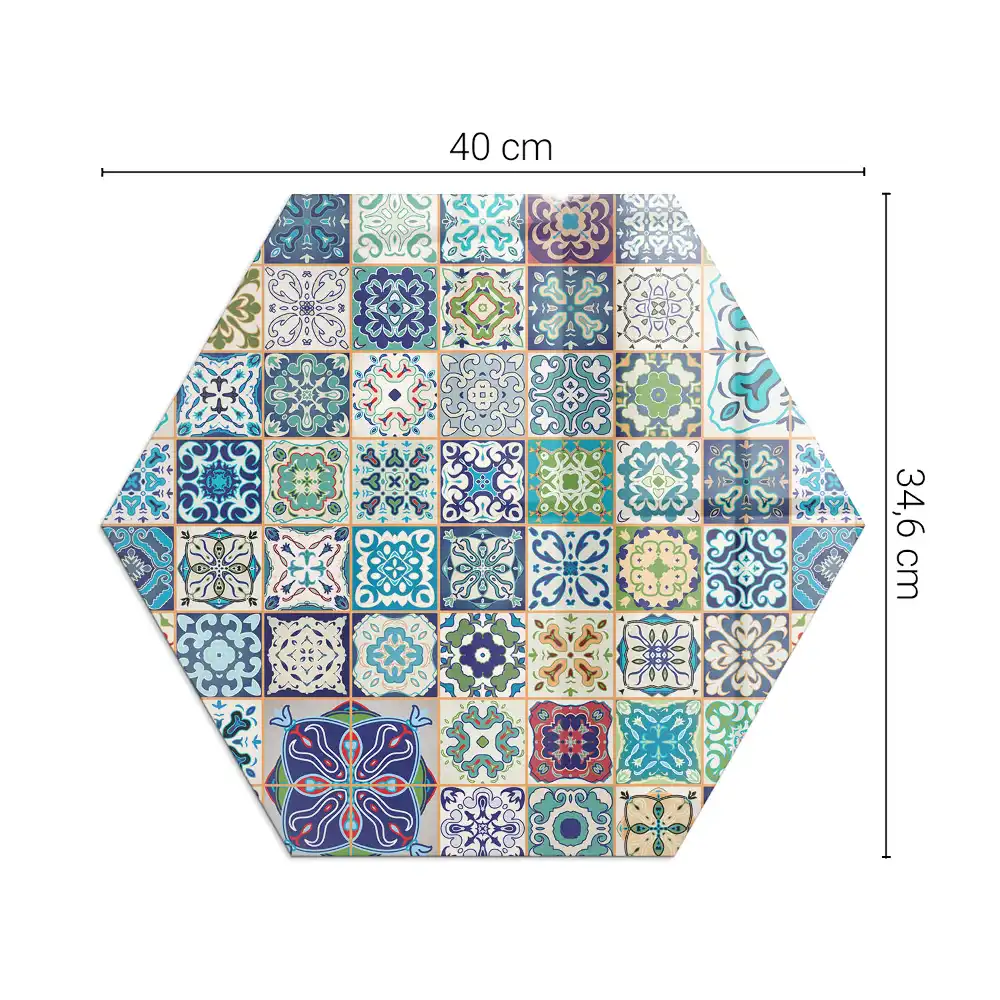 Plaque de protection pour cheminée en verre hexagonal avec motifs mosaïque sur carreaux