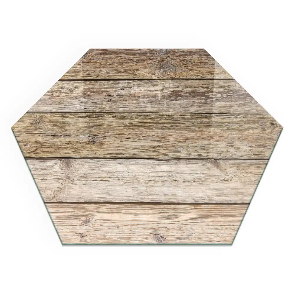 Plaque de sol pour cheminée en verre trempé hexagonal motif planches en bois naturel