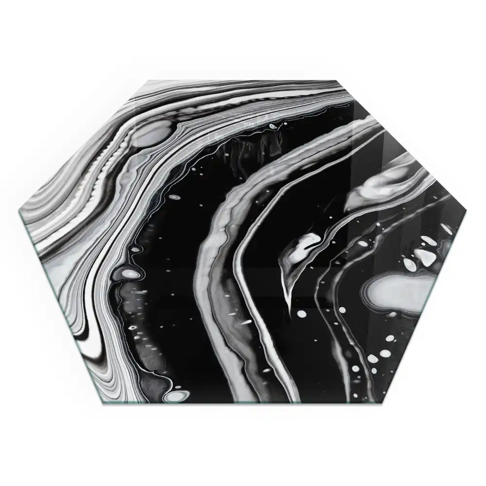 Plaque de protection hexagonale pour cheminée en verre avec motif vagues et lignes abstraites