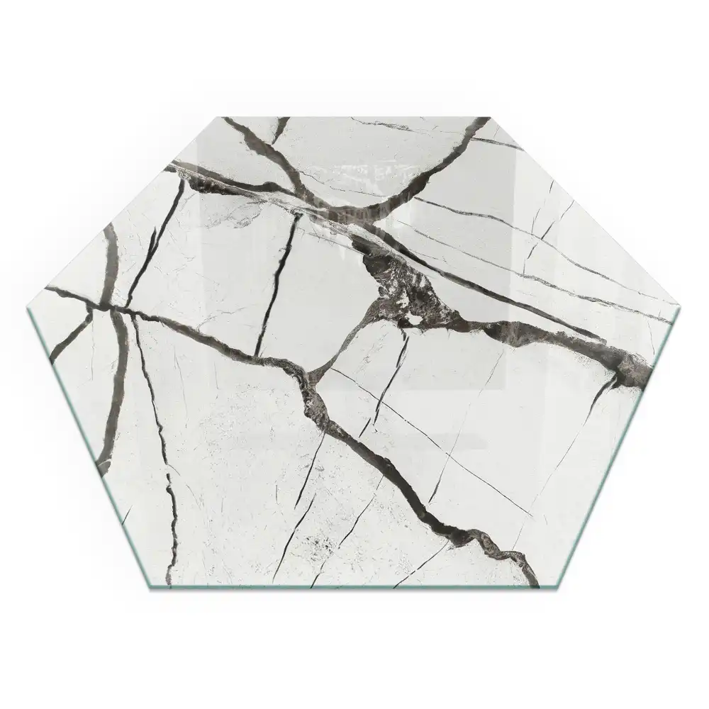 Plaque de sol hexagonale en verre trempé motif marbre pour poêle