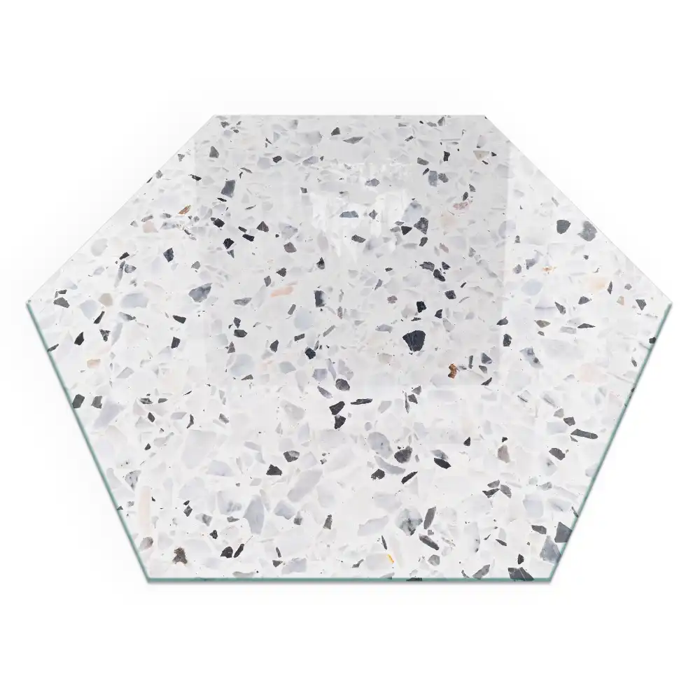Plaque de protection pour cheminée en verre hexagonal avec motif de pierre et particules