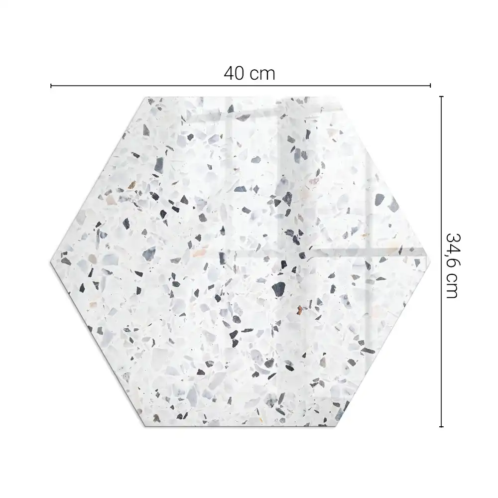Plaque de protection pour cheminée en verre hexagonal avec motif de pierre et particules