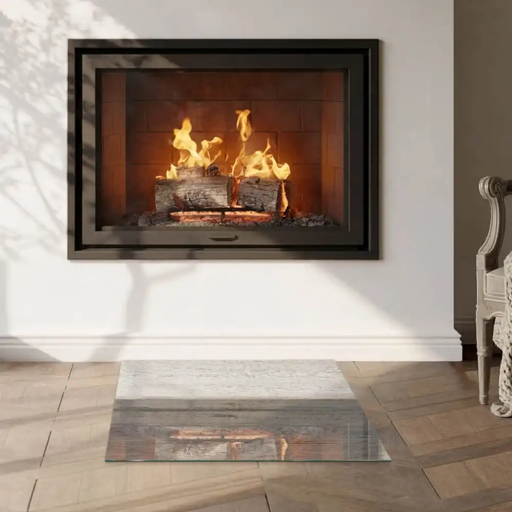 Plaque de sol carrée pour cheminée aspect bois clair