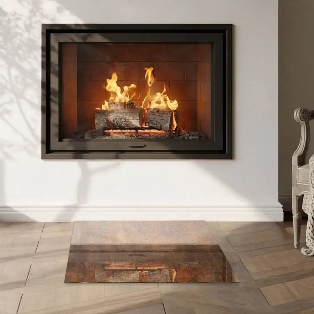 Plaque de protection carrée pour cheminée avec effet métal rouillé