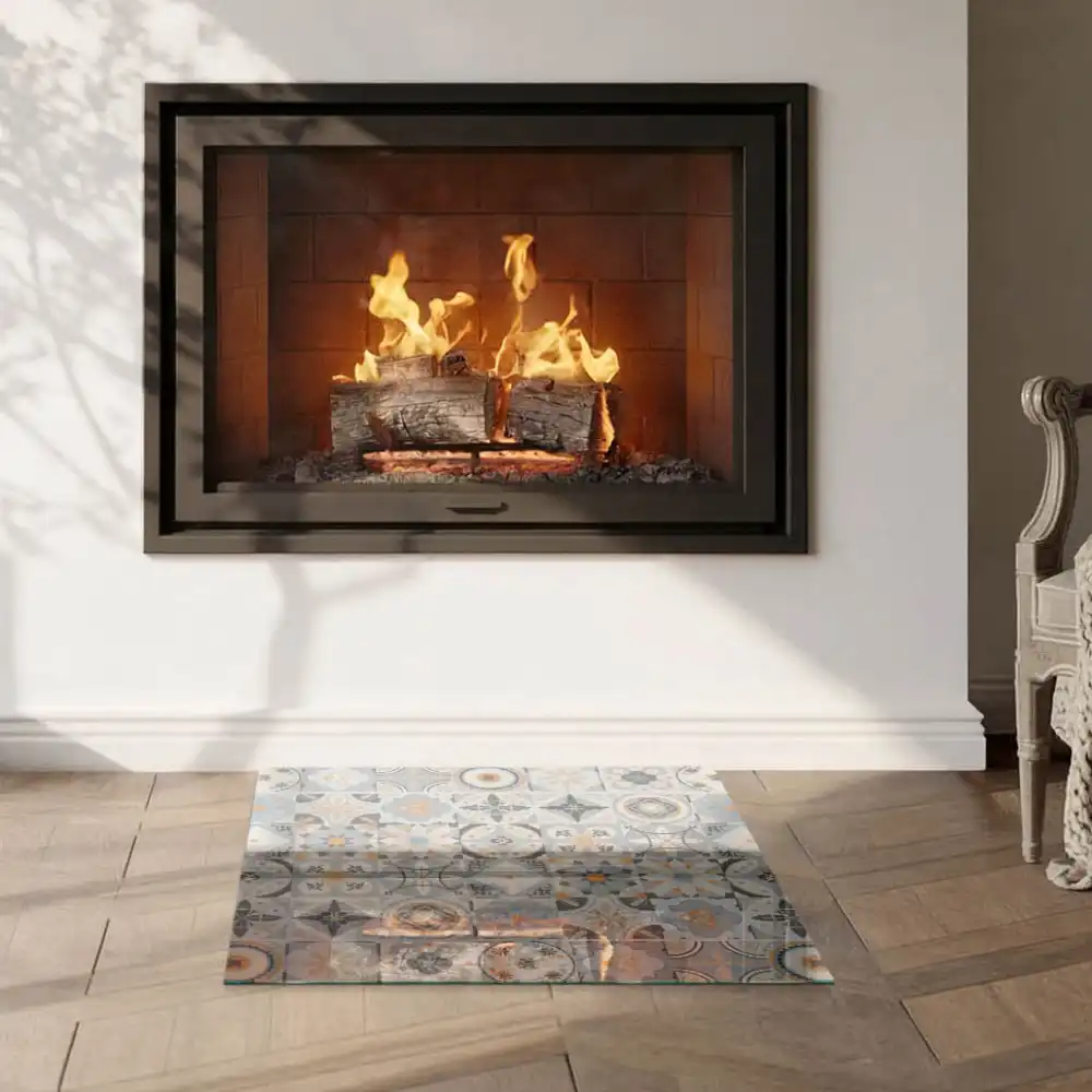 Plaque de sol carrée pour cheminée avec motifs mosaïque