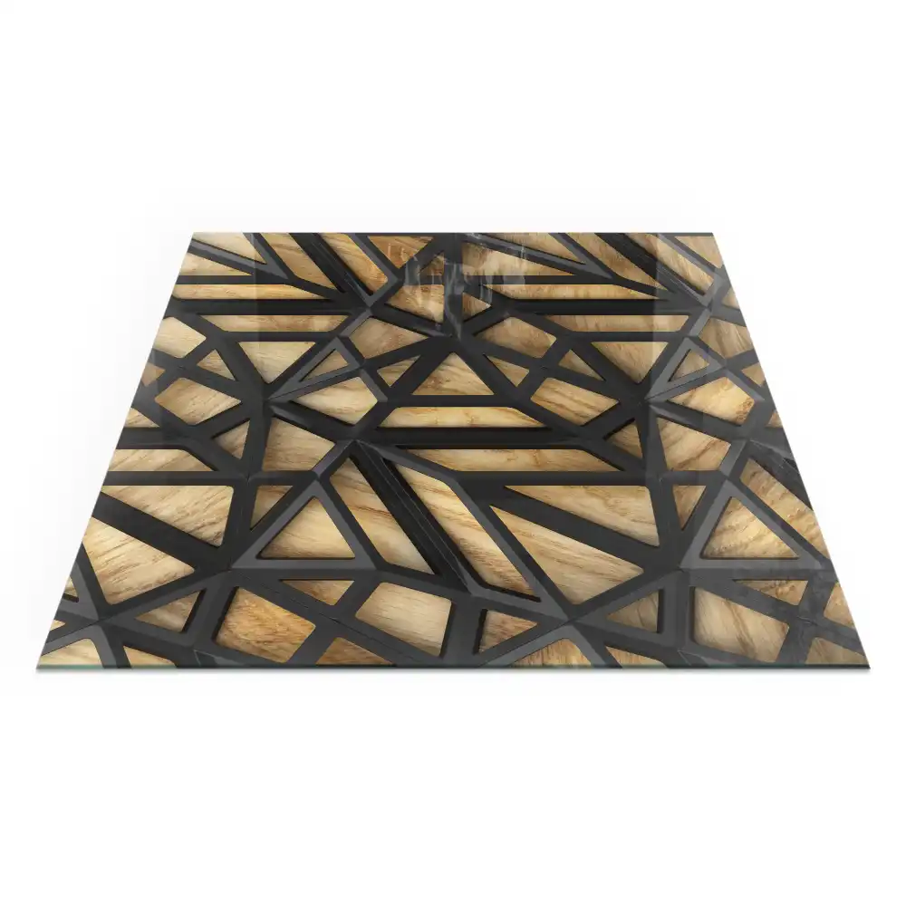 Plaque de protection carrée pour cheminée avec motif géométrique et bois