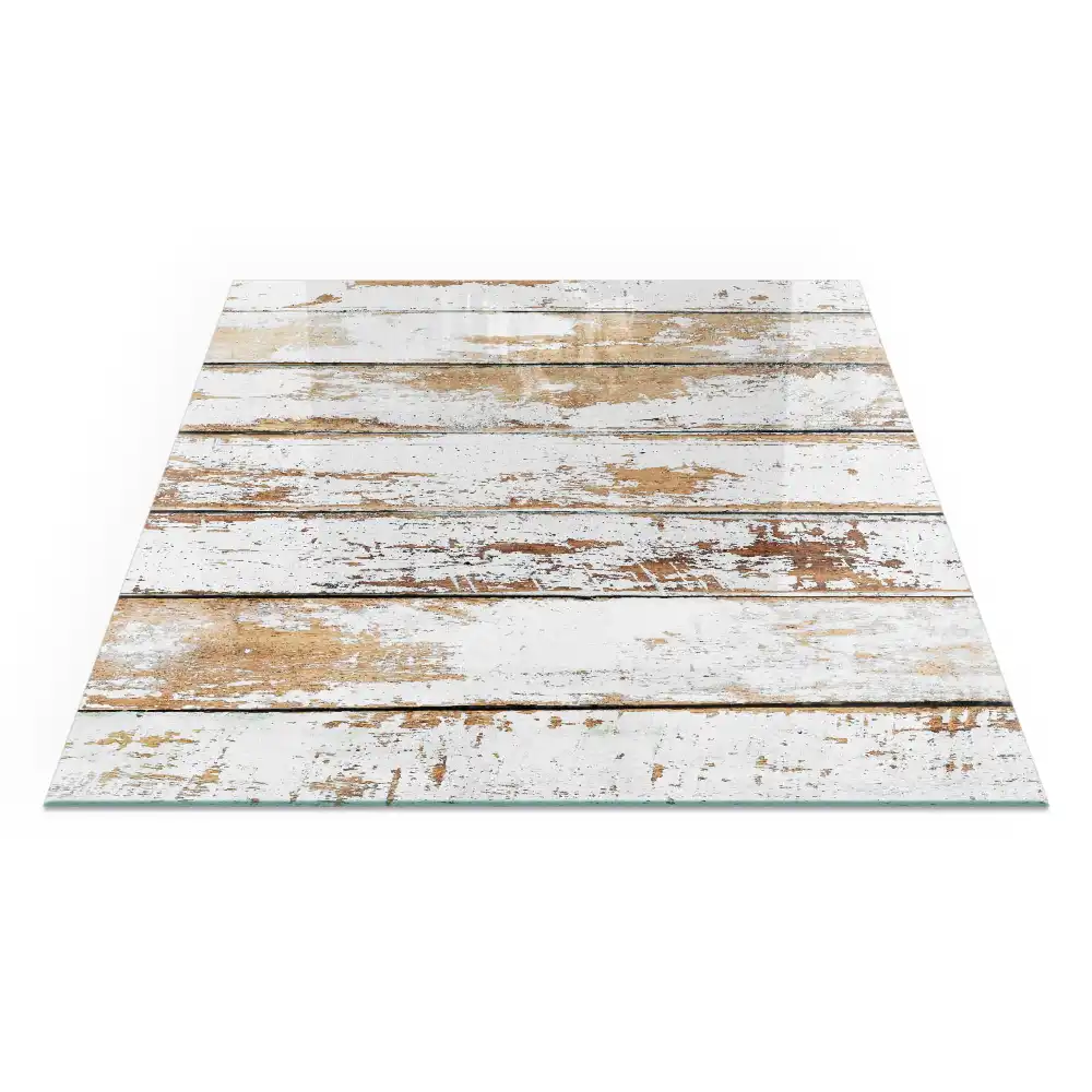Plaque de protection en verre carré pour cheminée motif planche de bois endommagée