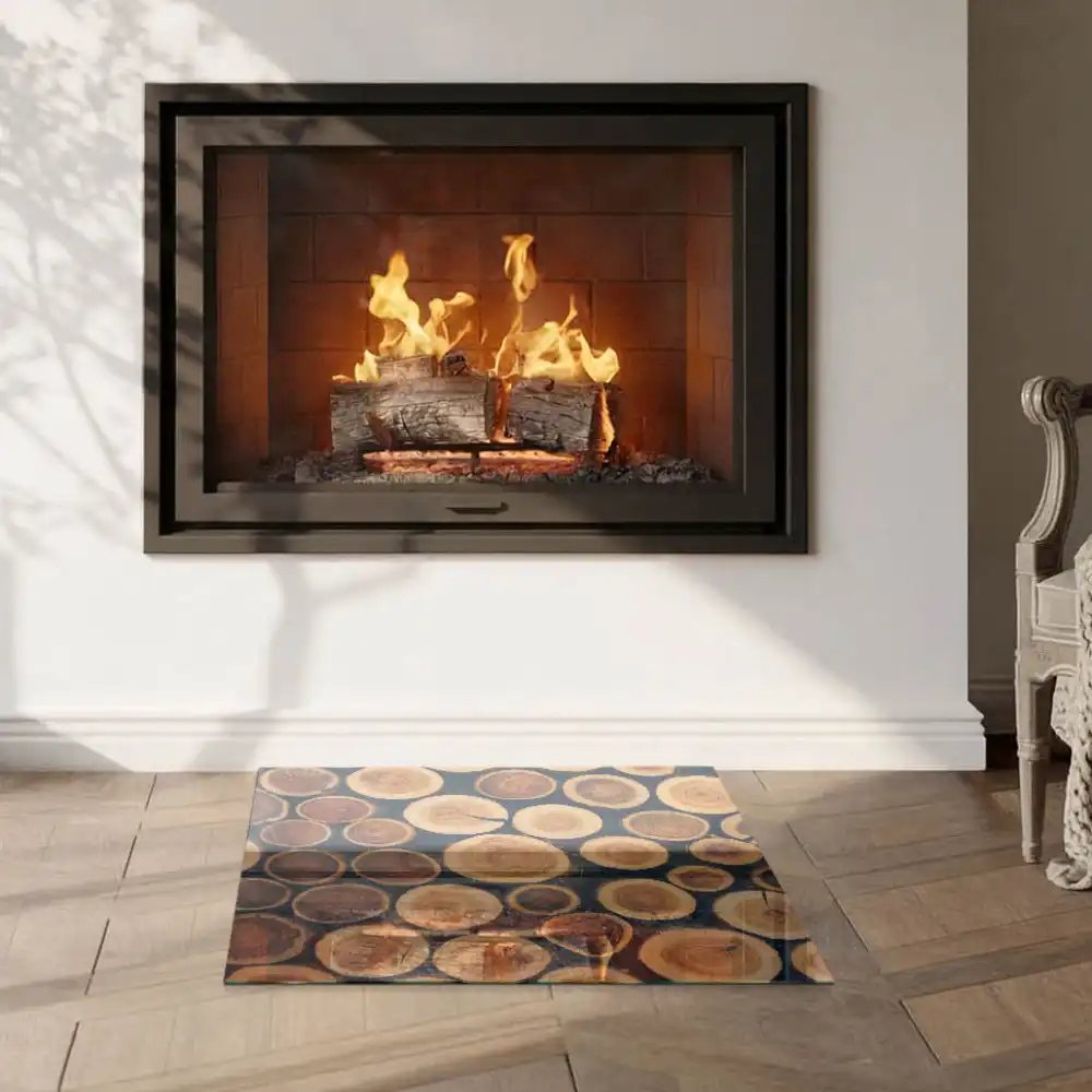 Plaque de sol carrée pour cheminée avec motif bois découpé