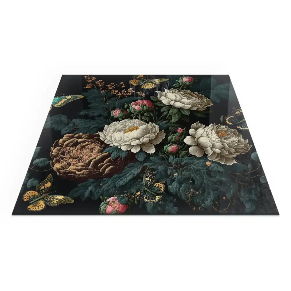 Plaque de sol carrée pour cheminée avec motif floral et papillons
