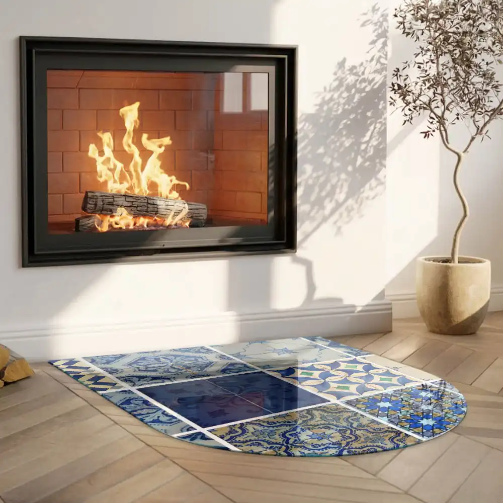 Plaque de protection semi-ovale en verre pour poêle à bois avec motifs de carreaux de céramique