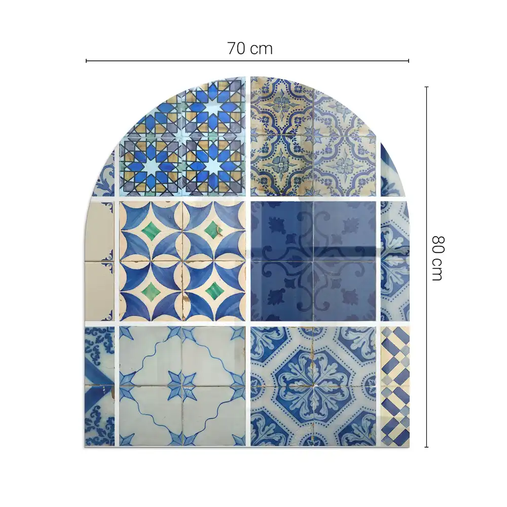 Plaque de protection semi-ovale en verre pour poêle à bois avec motifs de carreaux de céramique