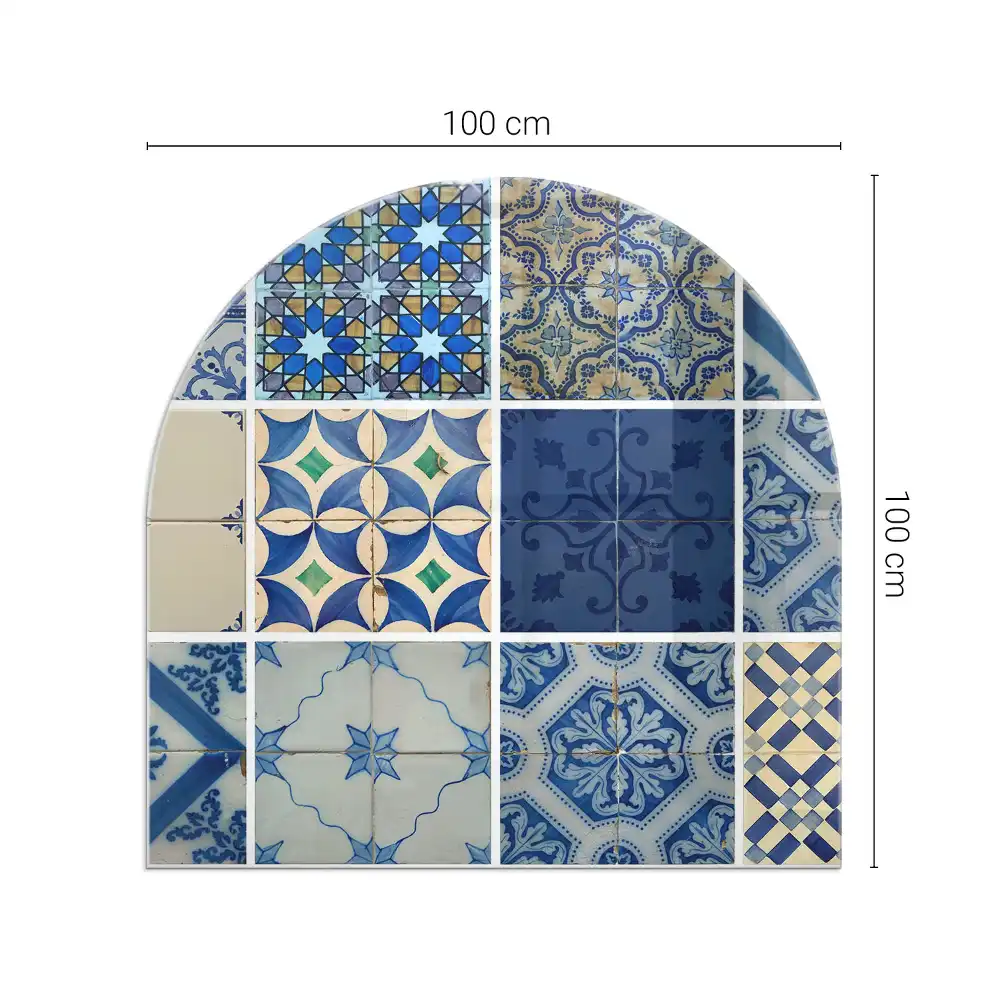 Plaque de protection semi-ovale en verre pour poêle à bois avec motifs de carreaux de céramique