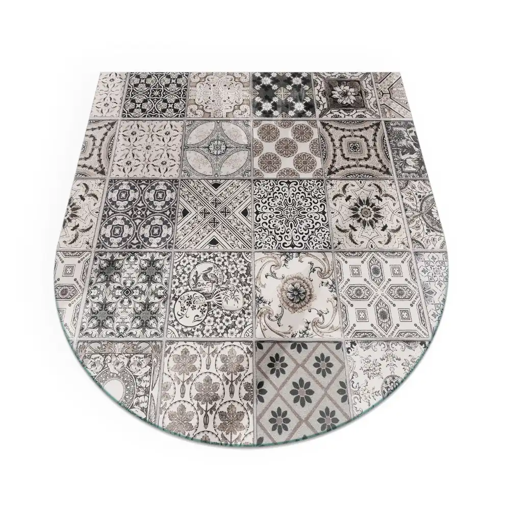 Plaque de sol semi-ovale en verre pour cheminée avec motifs de carreaux décoratifs