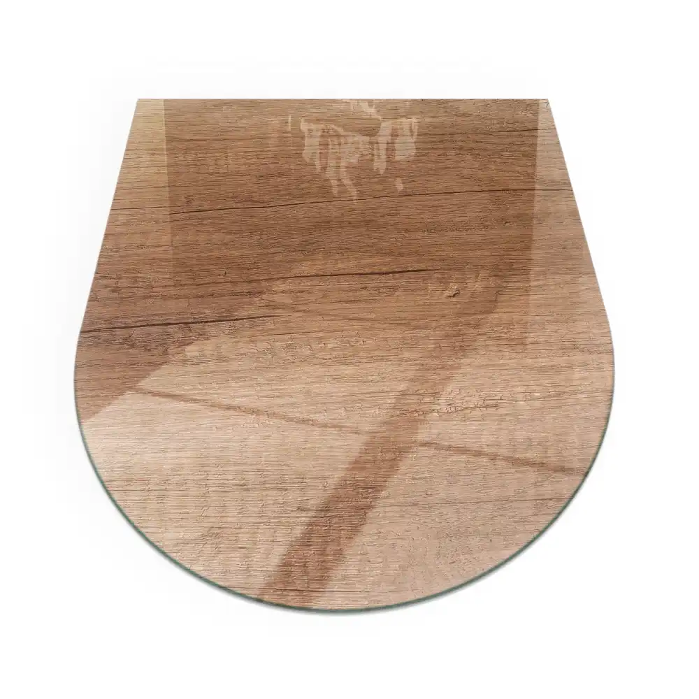 Plaque de sol en verre semi-ovale pour poêle à bois décor bois naturel