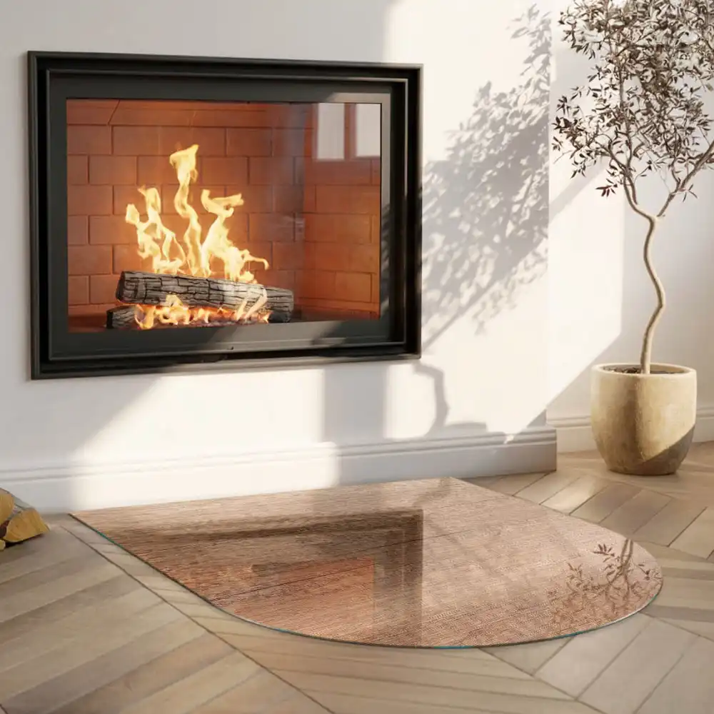 Plaque de sol en verre semi-ovale pour poêle à bois décor bois naturel