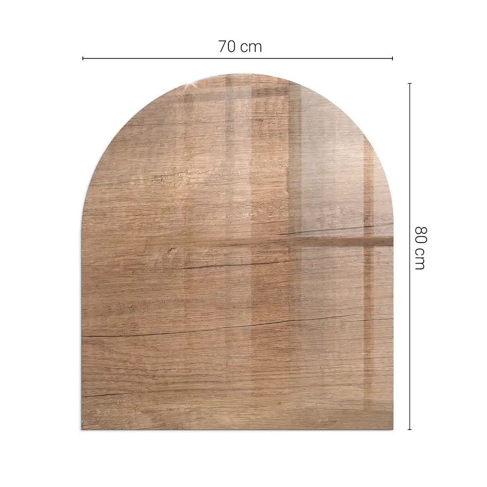 Plaque de sol en verre semi-ovale pour poêle à bois décor bois naturel