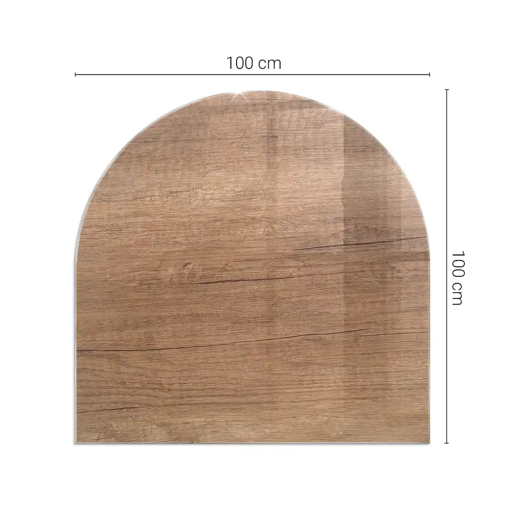 Plaque de sol en verre semi-ovale pour poêle à bois décor bois naturel