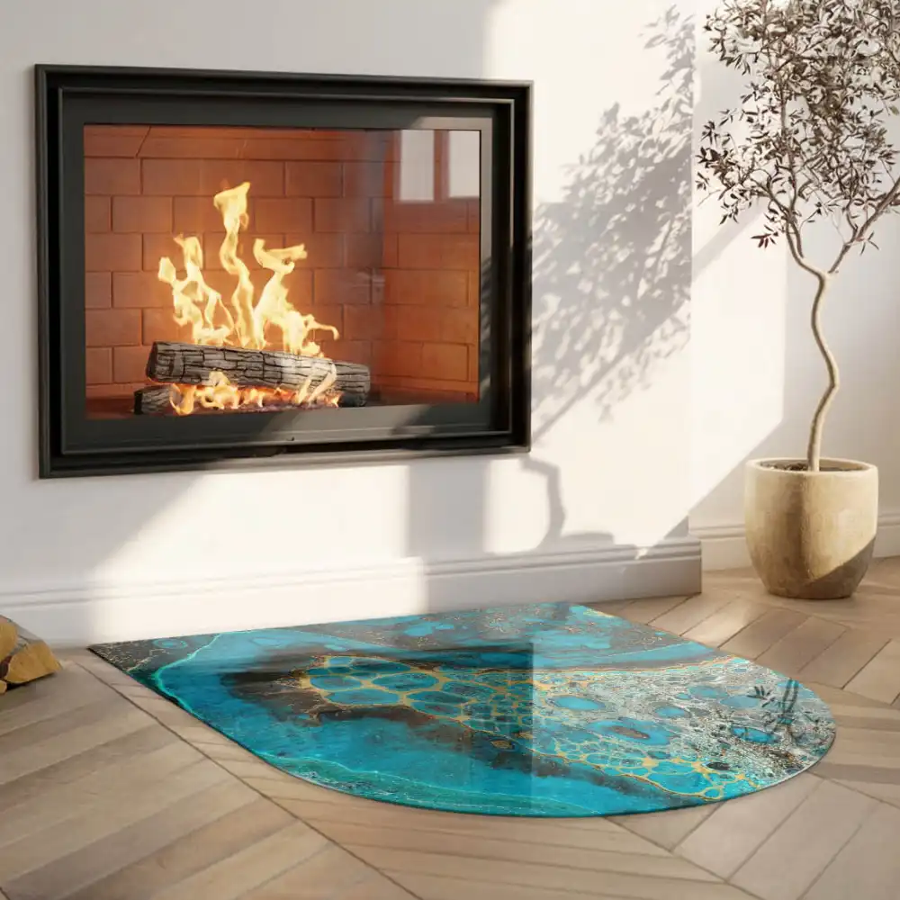 Plaque de sol semi-ovale pour cheminée aux motifs organiques abstraits