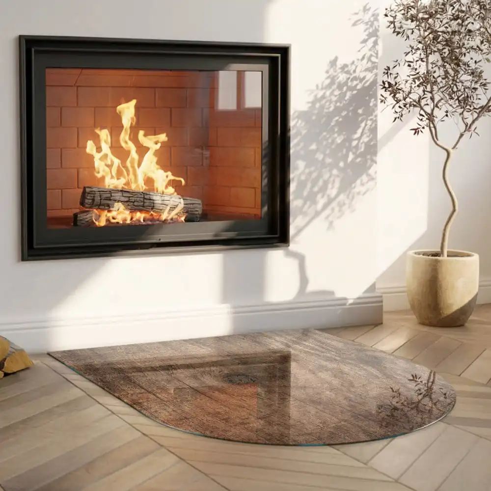 Plaque de protection en verre trempé semi-ovale pour poêle à bois décor bois naturel