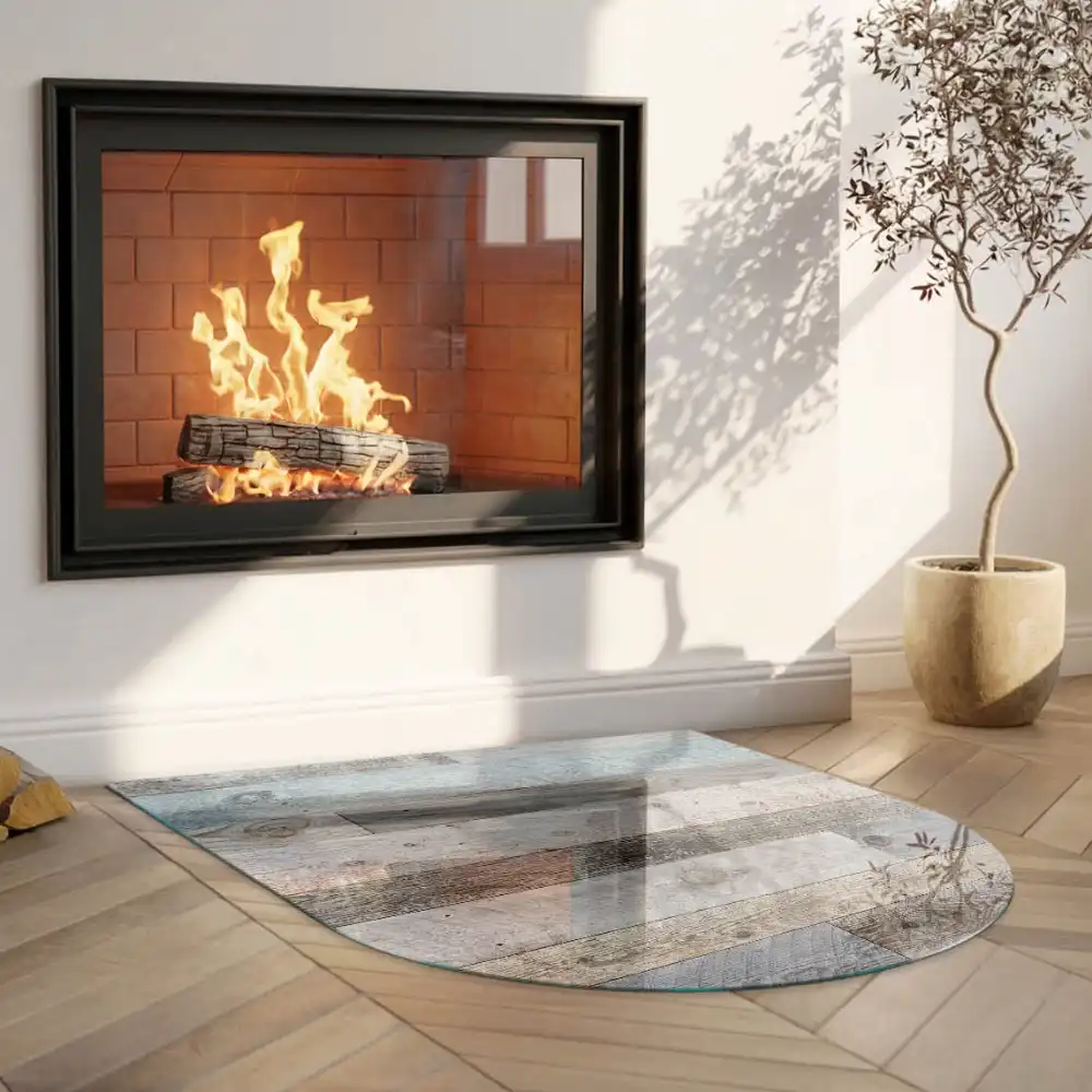 Plaque de sol semi-ovale en verre pour cheminée disponible en plusieurs teintes