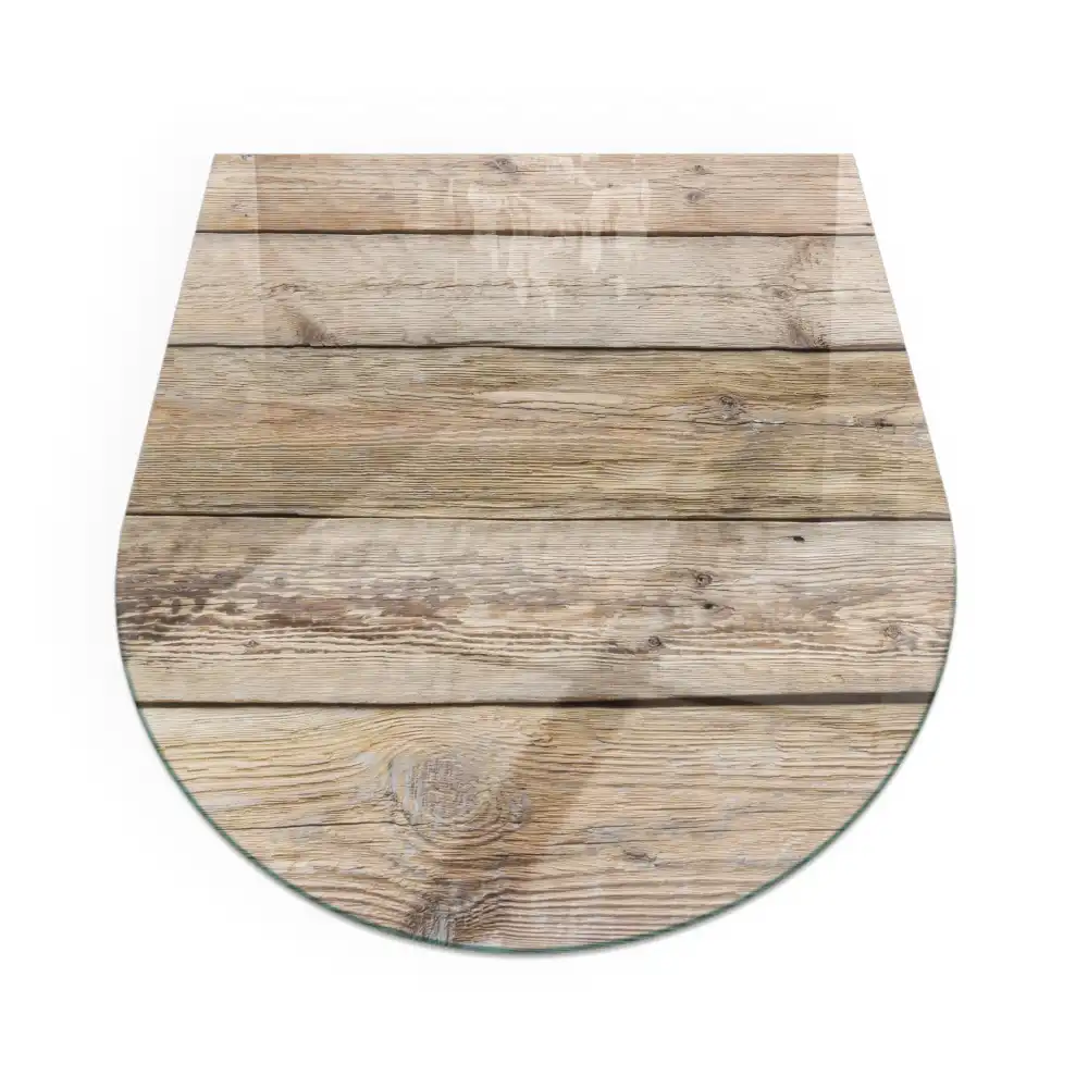 Plaque de sol semi-ovale en verre trempé pour cheminée motif planches de bois