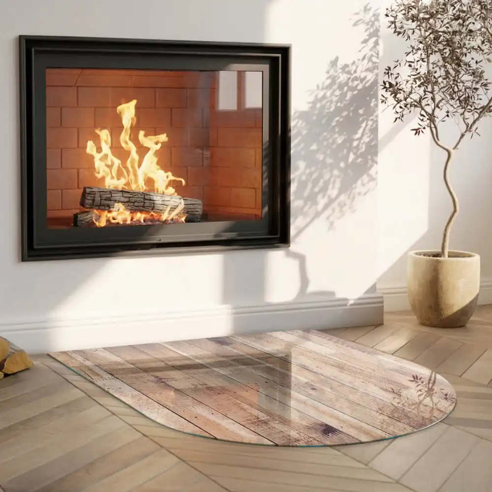 Plaque de sol semi-ovale pour cheminée aspect bois