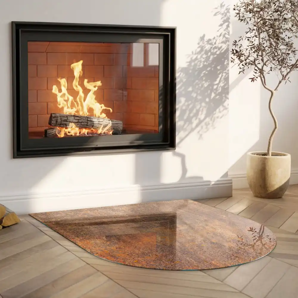 Plaque de protection semi-ovale en verre pour poêle à bois avec motif effet rouille