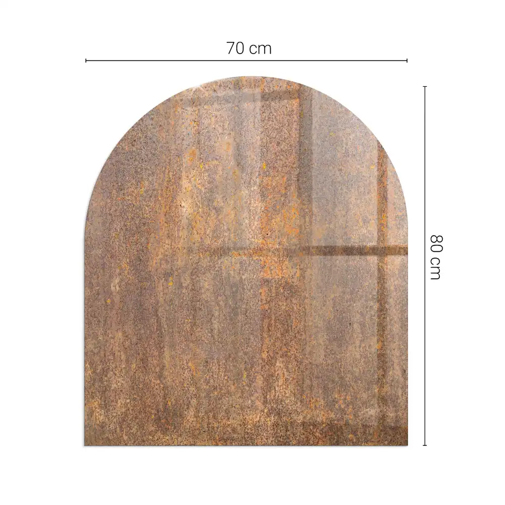 Plaque de protection semi-ovale en verre pour poêle à bois avec motif effet rouille