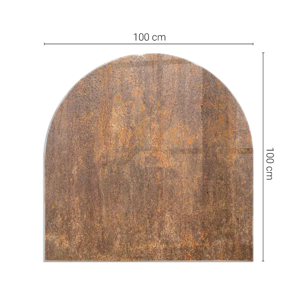 Plaque de protection semi-ovale en verre pour poêle à bois avec motif effet rouille