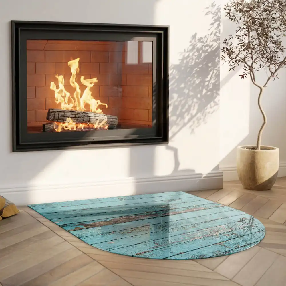 Plaque de sol semi-ovale en verre pour cheminée effet bois rustique